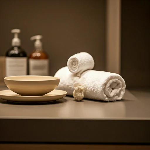 Interior minimalista del spa con toallas blancas y bowls de cerámica